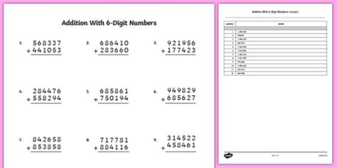 Addition with 6 Digit Numbers Worksheet / Worksheet