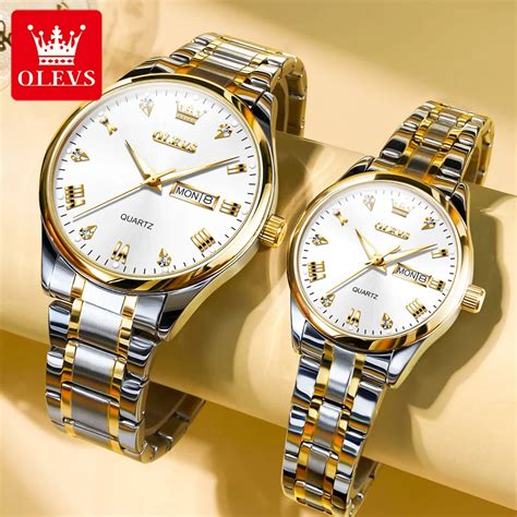 Olevs Diamond Luxury Quartz Couple Watches Stainless Steel