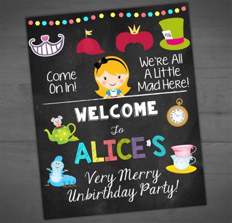 A Chalkboard Sign That Says Welcome To Alice S Birthday Party