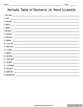 Periodic Table Of Elements 4 Word Scramble Chemical Elements Puzzle