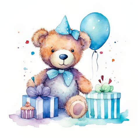 Premium Photo A Watercolor Drawing Of A Teddy Bear With A Blue Hat