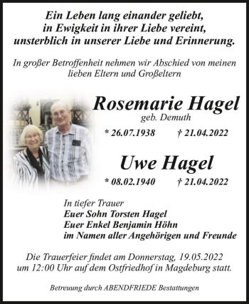 Traueranzeigen Von Rosemarie Hagel Geb Demuth Und Uwe Hagel