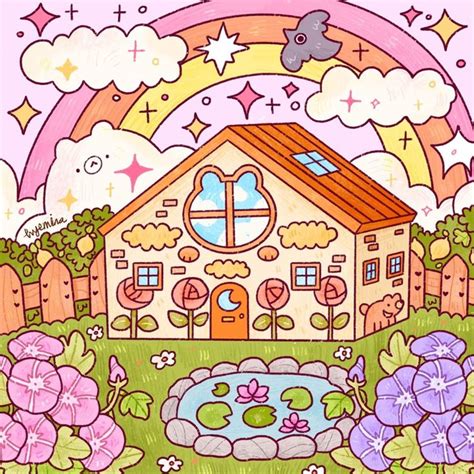 A Drawing Of A House With Flowers In The Front Yard And A Rainbow In