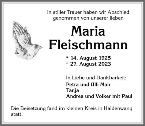 Traueranzeigen von Maria Fleischmann Allgäuer Zeitung