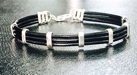 Black Leather Bracelet For Women Silver 925 Etsy Black Leather