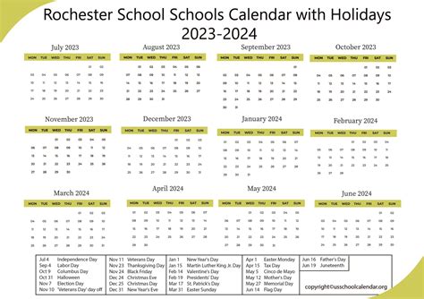 Rochester School Schools Calendar with Holidays 2023-2024