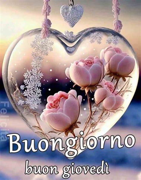 buongiorno e buon giovedì con cuore e fiori nella neve BelleImmagini org