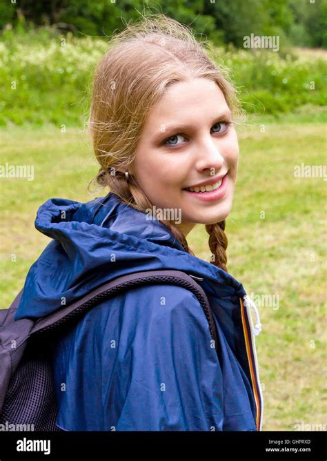 Young Happy Woman Hiking In Nature Stock Photo Alamy