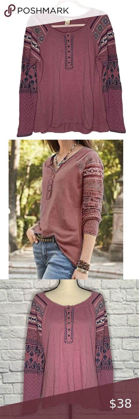 Sundance Mauve Pink Boho Lace Multi Print Long Sleeve Top Boho Lace