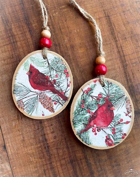 Red Cardinal Wood Slice Ornaments Decoupaged Etsy