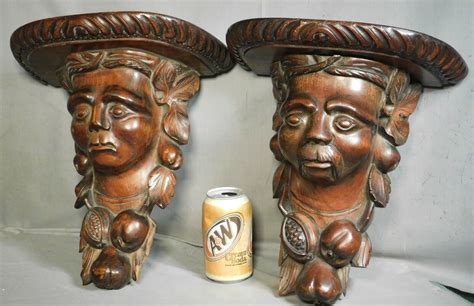 New York Mall Pair Carved Baroque Wood Green Man Adam Eve Corbel