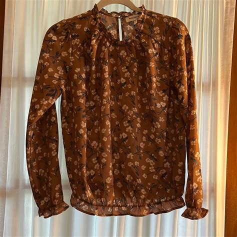 Monteau Tops Monteau Tan Blue Floral Blouse M Poshmark