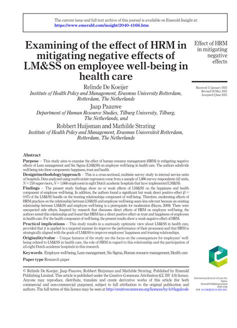 Pdf Examining Of The Effect Of Hrm In Mitigating Negative Effects Of Lmandss On Employee Well