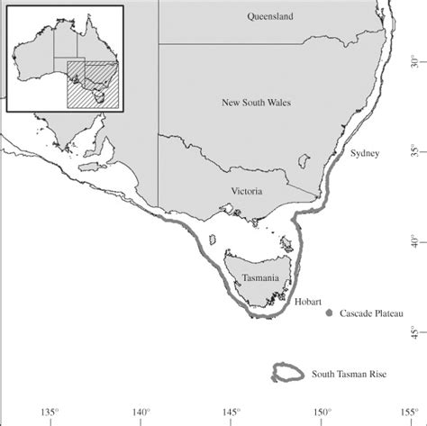 Map Of South Eastern Australia With 500 M Depth Contour Grey Area