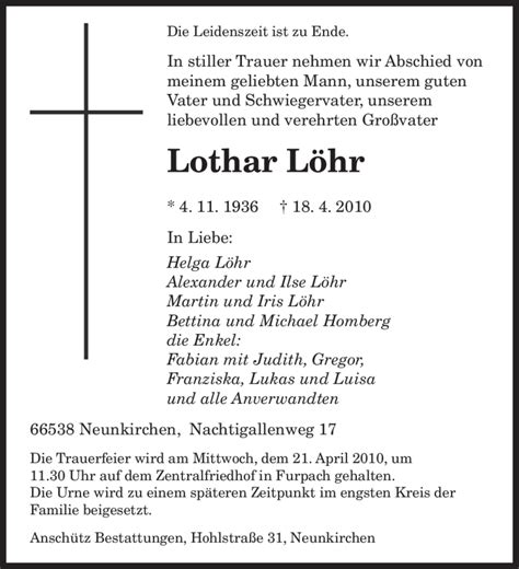 Traueranzeigen Von Lothar L Hr Trauer De