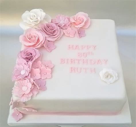 80th Birthday Cake With Pink Gumpaste Flowers 90th Birthday Cakes