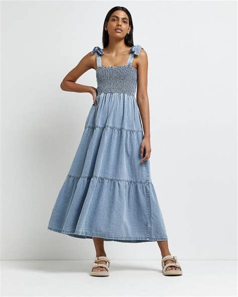 River Island Blue Denim Shirred Maxi Dress Lyst