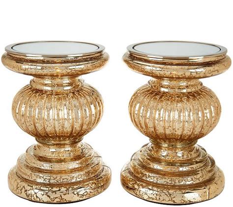 Set Of 2 Lit Candle Holder Pedestals With Mirror Inserts By Valerie