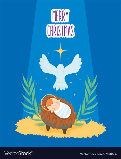 Bajesus In Crib And Pigeon Manger Nativity Vector Image