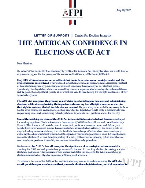 Letter Of Support The American Confidence In Elections Ace Act Issues