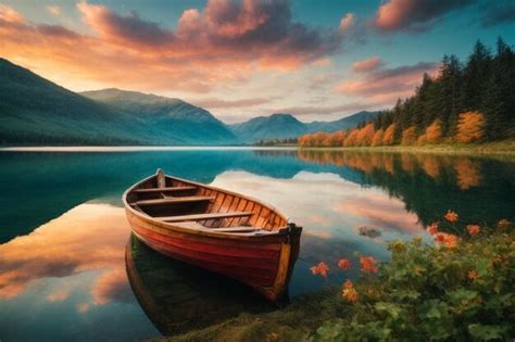 Premium Photo | Beautiful shot of a small lake with a wooden rowboat in focus and breathtaking ...