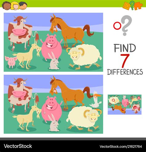 Find differences game with farm animals Royalty Free Vector