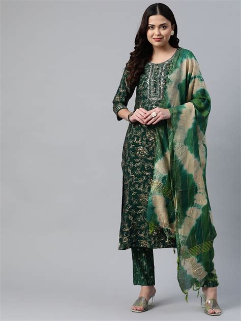 Buy Readiprint Fashions Women Green Floral Printed Sequinned Kurta Set