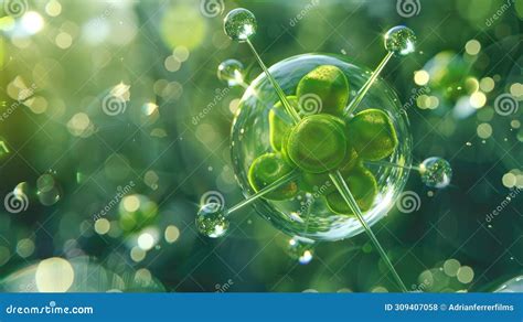 D Render Of A Molecule Structure With Green Energy And Light Orbs