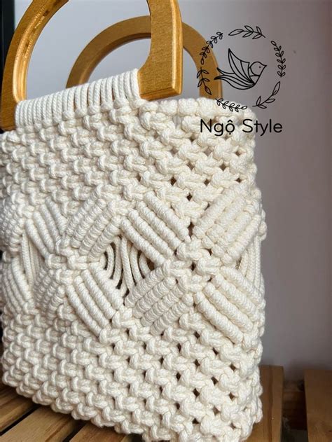 Macrame Bag With Wooden Handles For Women Or Girls Macrame Top Handle