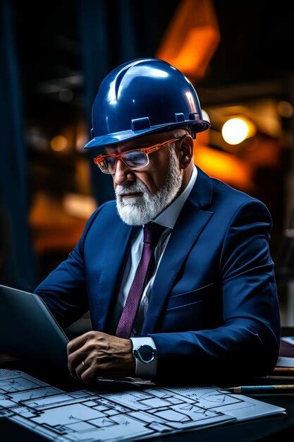 Premium Photo A Man Wearing A Hard Hat And Glasses Working On A Laptop