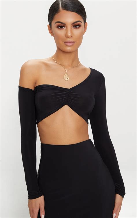 Black Slinky One Shoulder Long Sleeve Crop Top Prettylittlething