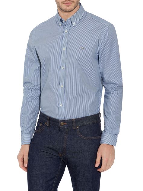 Lacoste Stripe Classic Fit Long Sleeve Button Down Shirt In Blue For