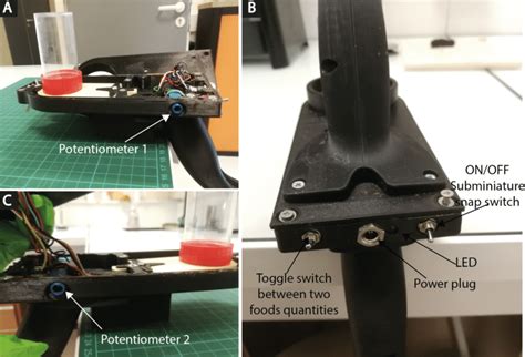 Electronic switches A) Potentiometer 1 adjusts the quantity of food -B ...