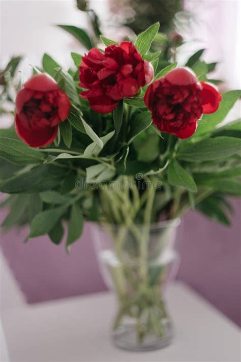 Bouquet Of Red Peonies In A Vase On The White Chair Wedding Decoration