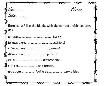 French indefinite articles Les articles indéfinis Lesson Exercises