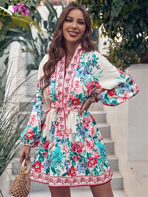 Shein Vcay Vestido Con Cintur N Con Estampado Floral De Manga Farol