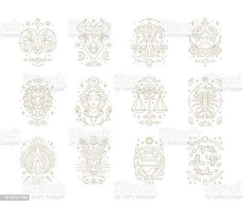 Zodiac Astrology Horoscope Signs Linear Design Vector Illustrations Set