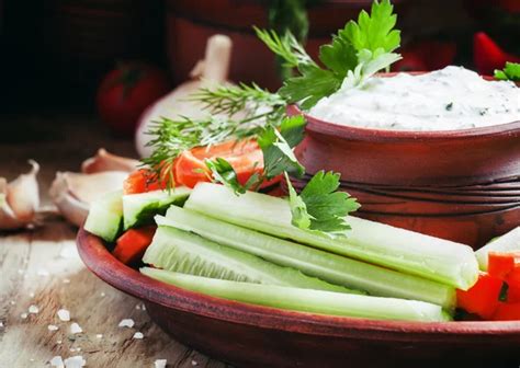 Healthy Snacks Cucumber Sticks Celery And Carrots With Ranch Dressing