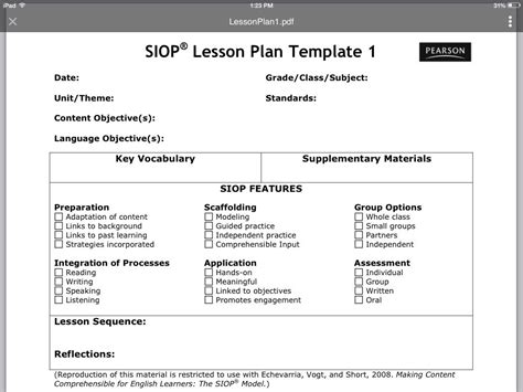 Siop Lesson Plan Template For Teaching And Learning English