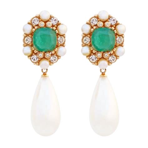 Flawed Emerald Art Glass With Crystal And Pearl Halo Drop Earrings By