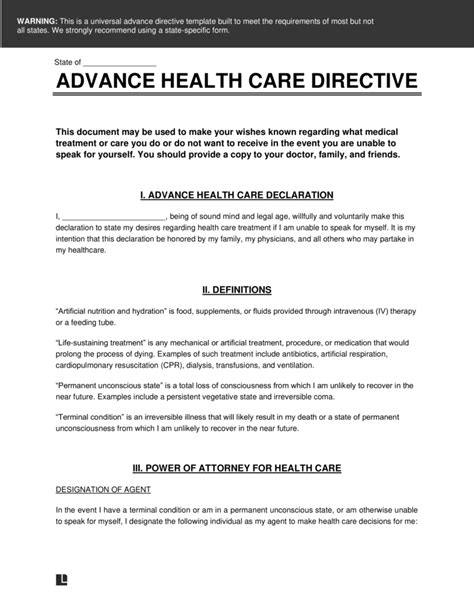 Free Advance Directive Form Living Will Mpoa Pdf Word