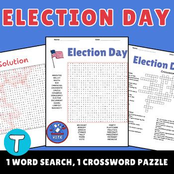 Election Day Word Search Crossword Puzzle Worksheet Activity TPT