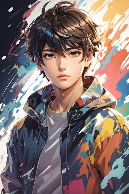 Premium AI Image | cute anime boy wearing a jacket brown eyes coloful ...