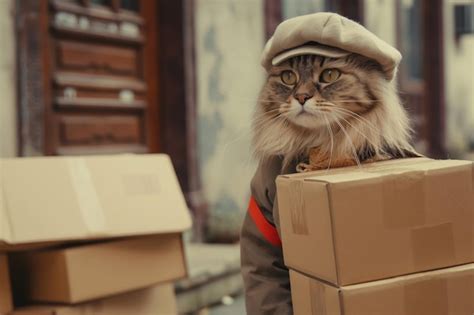 Delivery Service Cat Dressed As A Courier With Boxes For Delivery