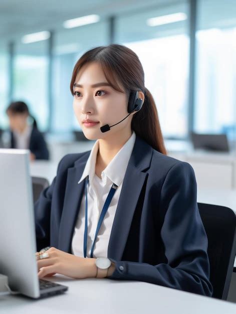 Premium Photo A Woman Wearing A Headset Sitting In Front Of A Laptop