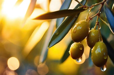 Azeitonas Verdes Gotas De Orvalho No Galho De Oliveira Ao Nascer Do