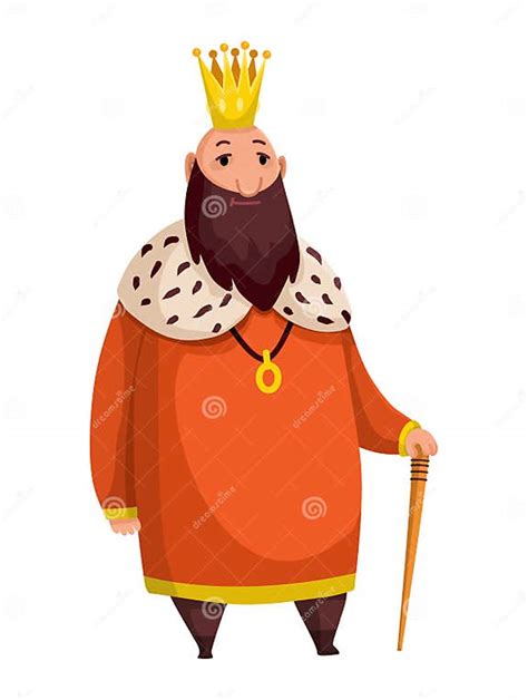 Cartoon King Wearing Crown And Mantle Fat King With Stick Standing