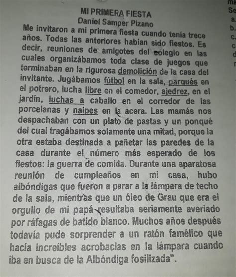 Escribir 5 Ideas Principales Del Texto Mi Primera Fiesta Ayuda Si No