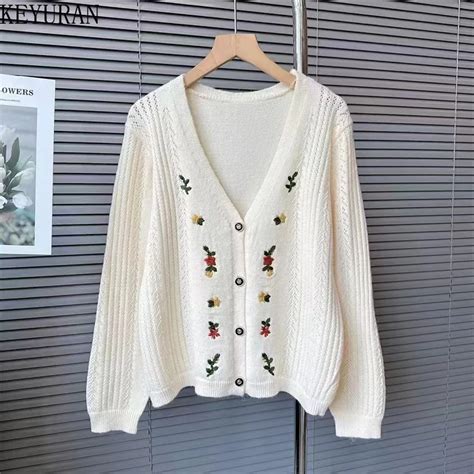 Pull Cardigan Brod De Fleurs Pour Femmes Col En V Manches Longues