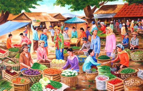 A Painting Of People Shopping At An Outdoor Market